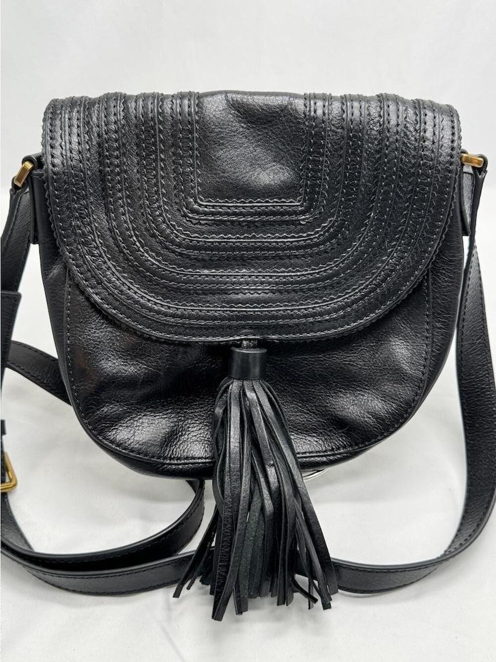 Fossil Crossbody Bag Womens Medium Black Leather Saddle Tassel Flap Purse Boho